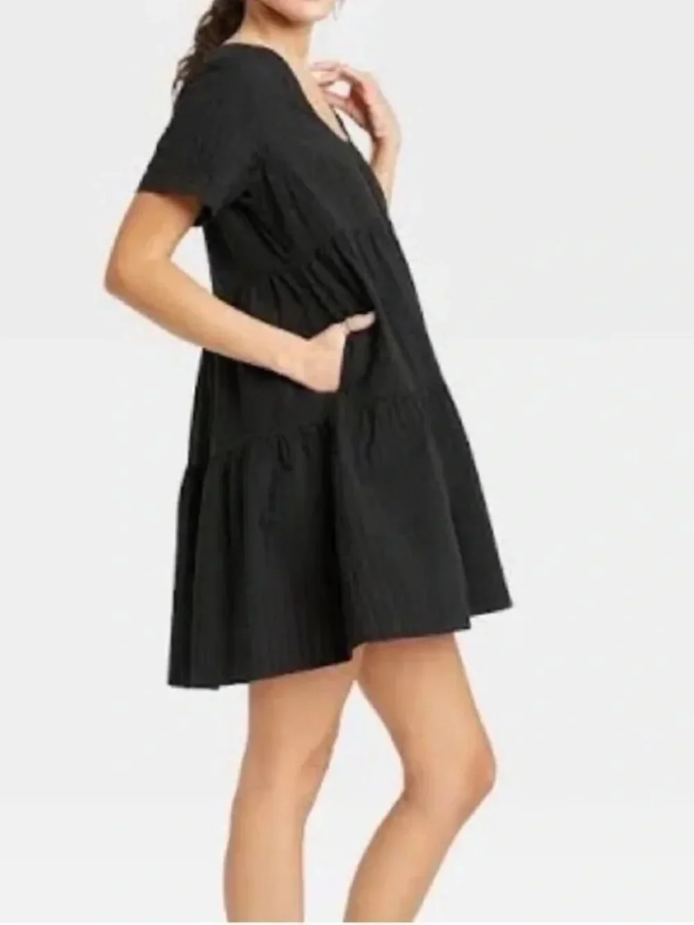 A New Day Women's Black Short Sleeve Tiered Casual Babydoll Dress